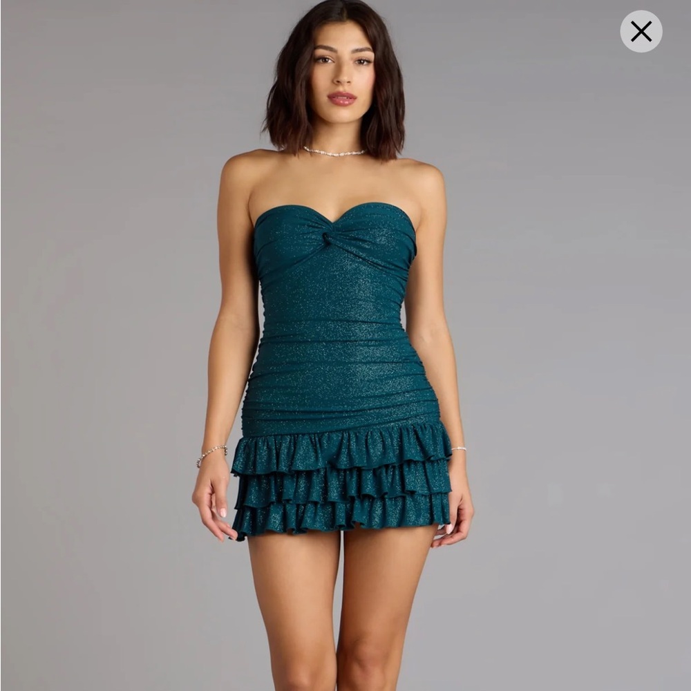 Party Perfect Glitter Knit Strapless Ruffle Dress